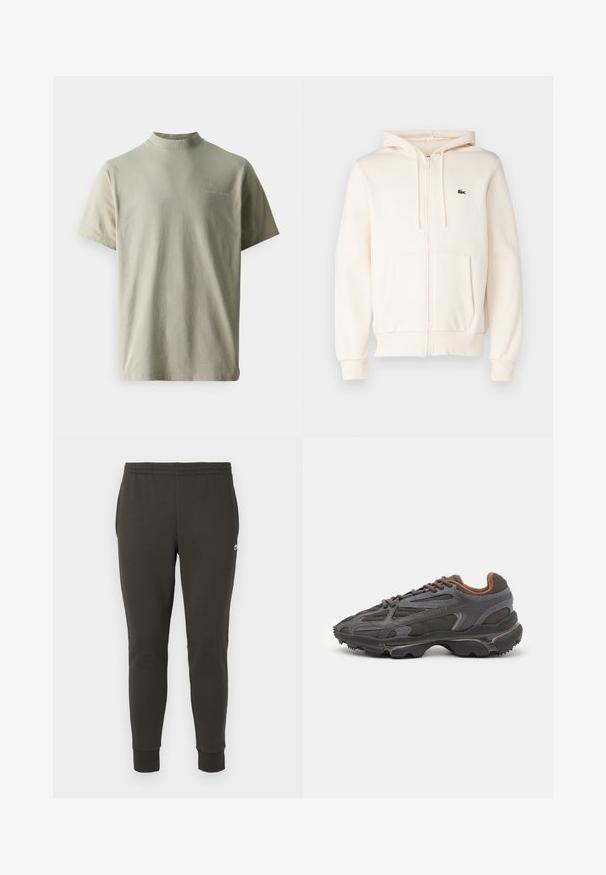 Krémová mikina na zip s klokankou, kapucí se stahovací šňůrkou, žebrovanými manžetami a malým tmavým logem na levém hrudníku. Měkký textilní materiál.; Samsøe Samsøe NORSBRO - Jednoduché tričko - taupe; Tmavě zelené tepláky z měkké tkaniny, s elastickým pasem, žebrovanými manžetami a malým logem na boku.; Sněrovací boty Lacoste v tmavě šedé barvě s síťovinou a syntetickým materiálem, prezentující texturovanou podrážku a hnědé detaily na límci a logu.