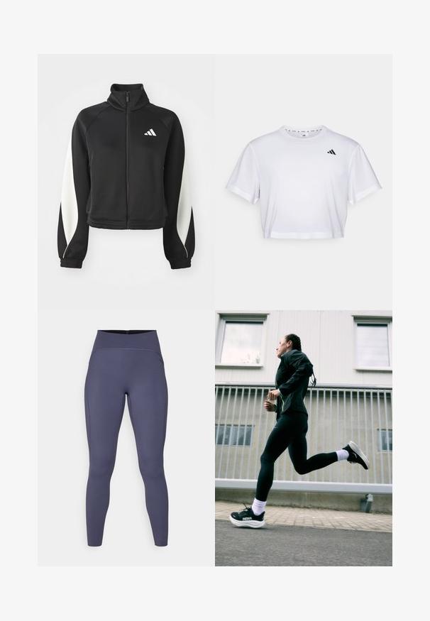 Jaqueta desportiva preta com fecho éclair, detalhes brancos, colarinho alto e punhos ajustados. Feita de tecido liso com um logótipo no lado superior esquerdo.; T-shirt branca corta feita de tecido suave, com mangas curtas e decote redondo. Logotipo preto no lado esquerdo do peito.; Leggings de cintura alta em uma cor cinza escuro sólida. Feitas de um tecido elástico com costuras planas e um design de perna ajustada e afunilada.; Jaqueta atlética preta com detalhes em neon, leggings pretas e tênis de corrida pretos com solas brancas, contra um fundo cinza claro.