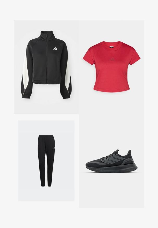 Czarna sportowa kurtka z zamkiem błyskawicznym i białymi akcentami, z wysokim kołnierzem i dopasowanymi mankietami. Wykonana z gładkiego materiału z logo na górnej lewej stronie.; Czerwona bawełniana koszulka z krótkim rękawem. Posiada okrągły dekolt oraz małe szare logo z przodu. Miękka w dotyku, o dopasowanym kroju.; Czarne spodnie sportowe z elastycznego materiału, z elastycznym paskiem w talii oraz małym białym logo Adidas na lewym biodrze. Wąski krój.; Czarne buty sportowe z siateczkową cholewką, teksturowanymi panelami, detalami w postaci trzech pasków i zakrzywioną podeszwą oznaczoną "LIGHT BOOST".