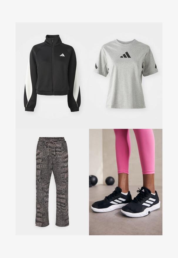 Črna športna zip-jacket s belimi detajli, visokim ovratnikom in prilegajočimi manšetami. Izdelana je iz gladkega materiala z logotipom na zgornji levi strani.; Siva majica s crew-neck izrezom, narejena iz mehkega blaga, z črnim Adidasovim logotipom na prsih in črnimi detajli na rokavih.; adidas by Stella McCartney LOOSE - Spodnji deli trenirk - black/charcoal; Črne športne čevlje z belimi črtami, teksturirano mrežasto zgornjišče in belo podplat. Obuti z roza legginsom, ki prikazujejo športno obleko.