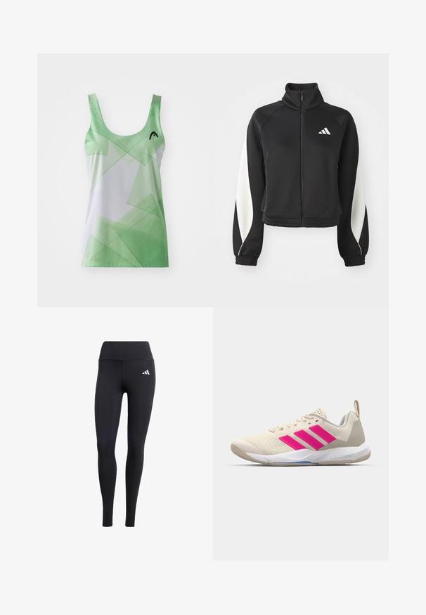 Jaqueta desportiva preta com fecho éclair, detalhes brancos, colarinho alto e punhos ajustados. Feita de tecido liso com um logótipo no lado superior esquerdo.; Camisola de alças verde e branca com padrões geométricos, apresentando um decote em U e alças nos ombros. Feita de tecido leve e suave.; Leggings pretas feitos de material elástico, com uma cintura alta e um pequeno logótipo branco, com um acabamento suave e mate.; Sapata atlética bege com logotipo de três riscas cor-de-rosa, parte superior em malha texturizada, colarinho acolchoado e sola de borracha branca, apresentando a marca "LIGHTSTRIKE".