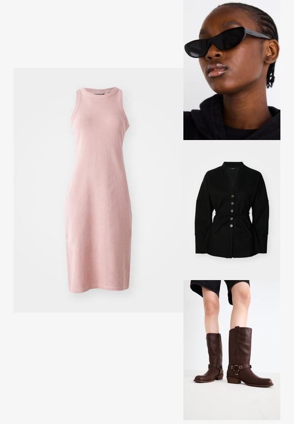 Fekete kardigán V-nyakkal, gombos záródással és kötőövvel. Puha textúrával és széles ujjal rendelkezik, ami laza sziluettet teremt.; Rózsaszín kötött ruha, testhez simuló szabással, ujjatlan dizájnnal, kerek nyakkivágással és ribbelt textúrával, amely éppen térd fölé ér.; Barna bőr, térd feletti csizmák kerek orral, textúrázott felülettel, bokapánttal és ezüst hardware részletekkel; rétegezett sarokkal.; Fekete macska szemüveg napszemüveg, matt felülettel, amely karcsú formájával és finoman ívelt széleivel tűnik ki, egy modell sötét ruhái háttérben.