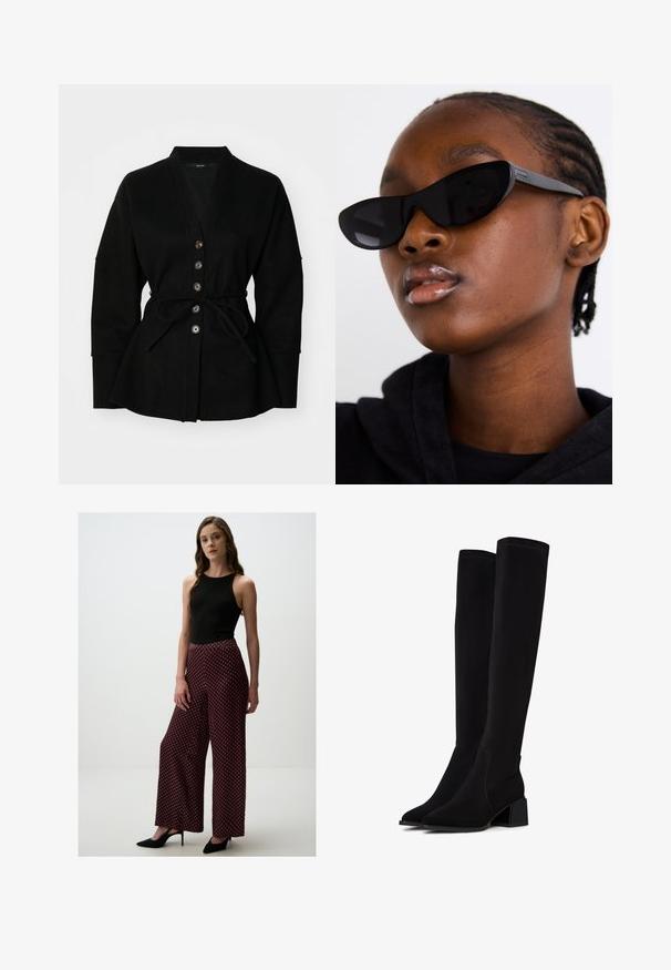 Zwarte cardigan met een V-hals, knoopsluiting en een strikceintuur. Heeft een zachte textuur en brede mouwen, wat zorgt voor een ontspannen silhouet.; Witte overhemd met knopen van glad katoen, met een klassieke kraag, lange mouwen en een afgeronde zoom. De knopen zijn klein en wit.; Zwarte mouwloze top met hoge hals, gecombineerd met wijde broek met een rood-wit geometrisch patroon. Zwarte puntige hakken.; Zwarte over-de-knie laarzen van zacht, textuurmateriaal. Voorzien van een blokhak, puntige neus en zichtbare naaddetails.; Zwarte cat-eye zonnebril met een matte afwerking, met een stijlvolle vorm en licht gebogen randen, geplaatst tegen de donkere kleding van een model.; Zign LEATHER - Handtas - dark red