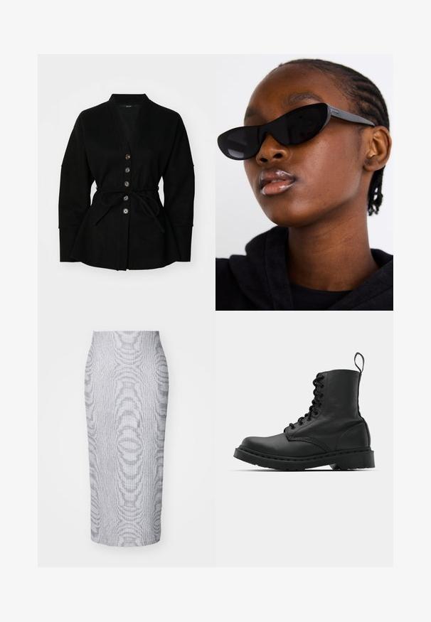 Schwarze Strickjacke mit V-Ausschnitt, Knopfverschluss und Bindegürtel. Mit einer weichen Textur und weiten Ärmeln, die eine entspannte Silhouette schaffen.; Weißes geripptes Langarmoberteil mit Rundhalsausschnitt. Aus einem dehnbaren Stoff gefertigt, der den Körper umschmeichelt. Verfügt über dezente horizontale Streifen.; Grau gerippter Midirock mit figurbetonendem Schnitt, der ein strukturiertes Muster und einen soliden Bund für Komfort aufweist.; Schwarzer Lederkampfstiefel mit runder Zehenpartie, Schnürung vorne und einer Zuglasche am Knöchel. Verfügt über eine dicke Gummisohle für Langlebigkeit.; Schwarze Cat-Eye-Sonnenbrillen mit matter Oberfläche, die sich durch ein elegantes Design und sanft geschwungene Kanten auszeichnen, vor einem Modell in dunkler Kleidung.