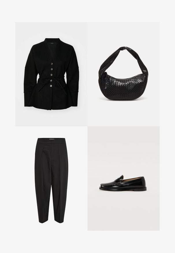 Zwarte cardigan met een V-hals, knoopsluiting en een strikceintuur. Heeft een zachte textuur en brede mouwen, wat zorgt voor een ontspannen silhouet.; Witte cropped t-shirt met een ronde hals en korte mouwen, gemaakt van zachte katoenen stof. Gladde textuur, geen patronen of accenten.; Zwarte broeken van een gladde stof, met een hoge taille, midden plooi en taps toelopende pijpen. Geen zichtbare zakken of versieringen.; Zwarte leren instapper met een afgeronde neus, decoratieve stiksels en een platte zool. Glad oppervlak en minimalistisch ontwerp.; Zwarte geweven leren handtas met een gebogen vorm, voorzien van een stevige handgreep en een ritssluiting. Textuur met een glanzende afwerking.