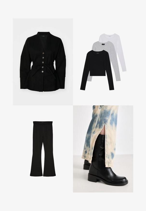 Μαύρο κάρντιγκαν με V-neck, κουμπί και ζώνη. Διαθέτει μαλακή υφή και φαρδιά μανίκια, δημιουργώντας μια χαλαρή σιλουέτα.; Τρία μπλουζάκια με μακριά μανίκια τοποθετημένα το ένα πάνω στο άλλο: μαύρο, γκρι και άσπρο. Κάθε μπλούζα έχει στρογγυλή λαιμόκοψη και cropped σχέδιο, κατασκευασμένη από απαλό, ελαφρύ ύφασμα.; Μαύρες κολάν με φουσκωτό σχέδιο, φτιαγμένες από ελαστικό ύφασμα. Διαθέτουν φαρδύ λάστιχο και λεία υφή, με εφαρμοστό σχήμα που ανοίγει στο τελείωμα.; RAID TAILORR - Μπότες cowboy/Biker - black