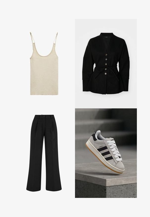 Zwarte cardigan met een V-hals, knoopsluiting en een strikceintuur. Heeft een zachte textuur en brede mouwen, wat zorgt voor een ontspannen silhouet.; Geribbelde tanktop in een lichtbeige kleur met dunne verstelbare schouderbandjes. Heeft een ronde halslijn en een rechte zoom. Glad textuur.; Zwarte wijde broek met voorplooien, gemaakt van een gladde stof. Heeft een knoopsluiting en een getailleerd ontwerp.; Grijze Adidas Campus sneaker met zwarte strepen en witte veter, zwevend boven een betonnen richel met trappen op de achtergrond.