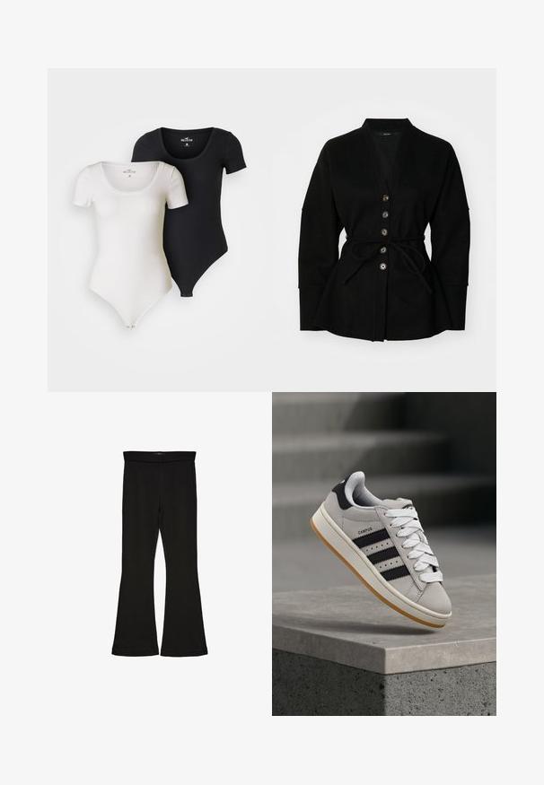 Svart cardigan med V-hals, knapplukking og knyttet belte. Har en myk tekstur og vide ermer, som skaper en avslappet silhuett.; To ribbestrømpebukser i hvit og svart. Har rund hals, korte ermer og trykknapp på bunnen. Elastisk stoff.; Sorte flared leggings laget av stretchy stoff. Har en bred midjebånd og en glatt tekstur, med en tettsittende silhuett som blir videre nedover.; Grå Adidas Campus-sneakers med svarte striper og hvite lisser som svever over en betongkant med trapper i bakgrunnen.