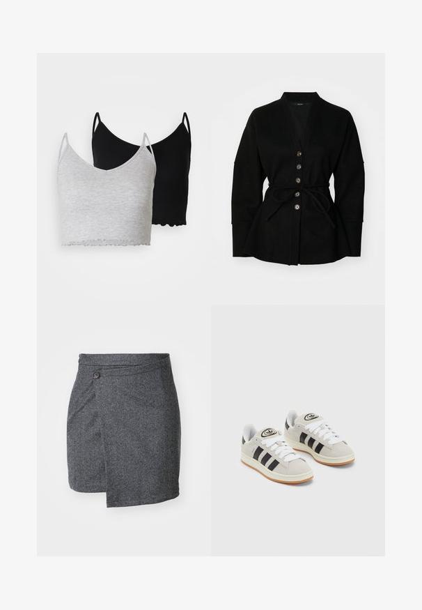 Sort cardigan med V-hals, knaplukning og en bælte i taljen. Har en blød tekstur og brede ærmer, som skaber en afslappet silhuet.; Even&Odd 2 PACK - Top - black/light grey; Grå hørskærende omslagsskal lavet af struktureret uldstof, med en enkelt knaplukning i taljen og en asymmetrisk kant.; Grå ruskinds sneakers med hvide snørebånd, sorte striber og en hvid gummisål. Har et rundt logo på tungen og en gummisål.