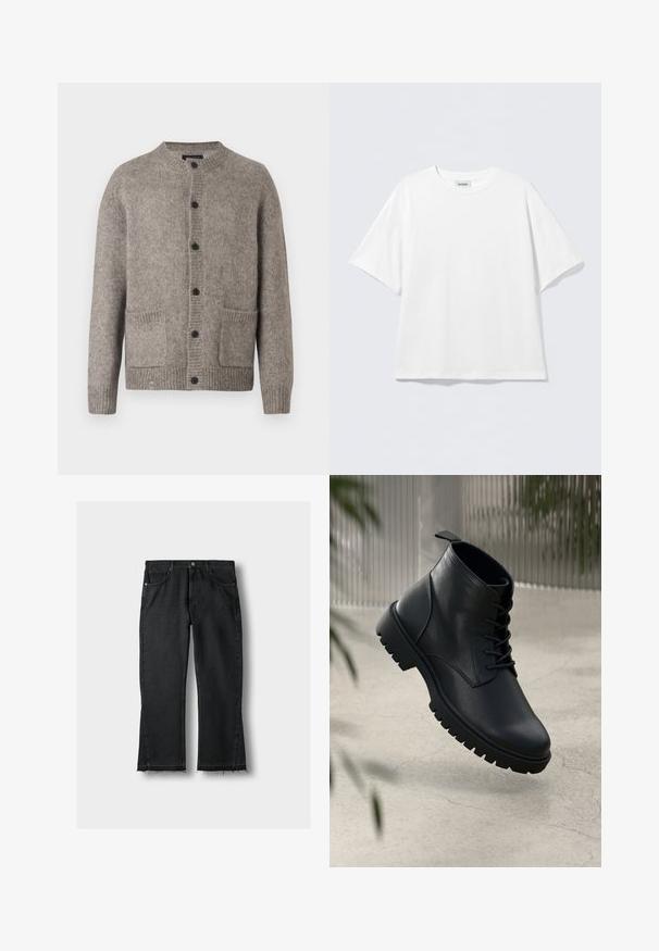 Hele hall cardigan pehmest villast, ümara kaelusega, kuue musta nööbiga ja kahe esikäega. Tekstureeritud kudumise muster.; Valge lühikeste varrukatega puuvillane T-särk, millel on ümar kaelus ja lõdvestunud lõige. Ei ole nähtavaid mustreid ega aktsente. Lihtne disain.; Mustadest denimist valmistatud sirgete säärtega teksad, millel on kulunud äär, viis taskut ja metallist detailid. Klassikaline disain ja tugev tekstuur.; Mustad mustad nahast ankle saapad, ümmarguse nina, nööbidest sulgemise ja robustse kummitald. Sile tekstuur ja tõmbetab tagaküljel.