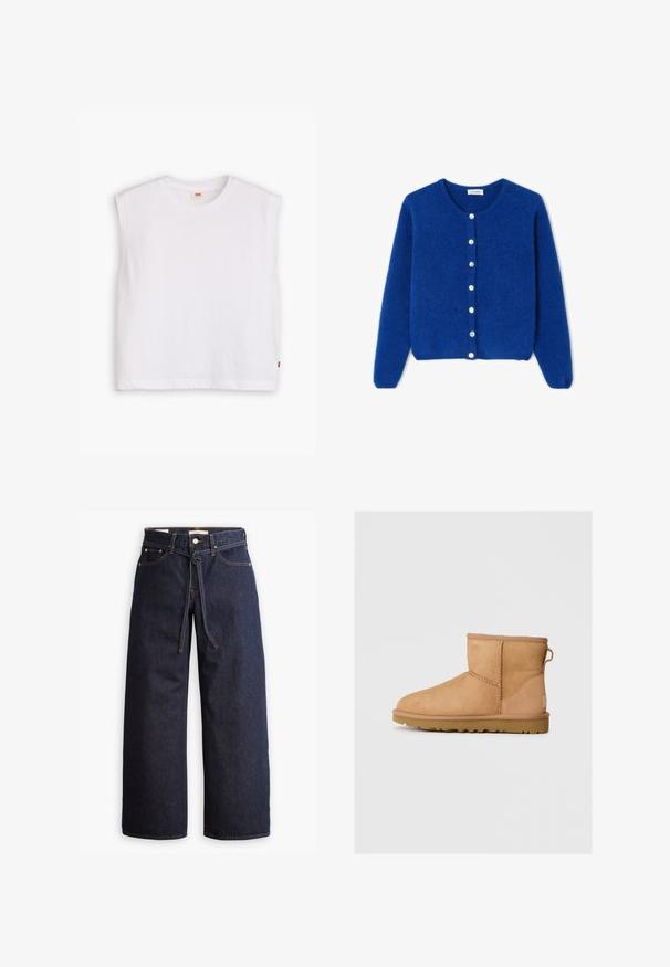 Sininen neulottu neuletakki, joka on valmistettu pehmeästä materiaalista. Takissa on pyöreä pääntie, pitkät hihat ja kuusi valkoista nappia etuosassa.; Valkoinen hihaton puuvillapaita, jossa on pyöreä pääntie, suora leikkaus ja pieni punainen logotagi alahelmassa. Pehmeä rakenne.; Korkeavyötäröiset tummansiniset leveälahkeiset farkut, joissa on narunauhakuja, viisi taskua ja kontrastiväriset ompeluseikat.; Ruskean mokkasandaalit pyöreällä kärjellä, ommelluilla yksityiskohdilla, takana vetotappi ja teksturoidulla kumipohjalla. Suunniteltu mukavuutta ja lämpöä varten.