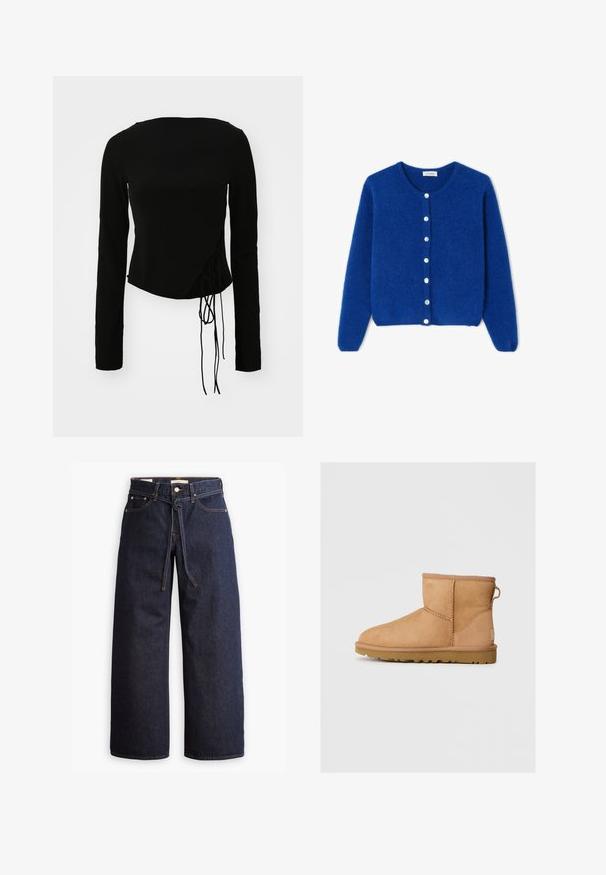 Modrý pletený kardigan vyrobený z měkkého materiálu, s kulatým výstřihem, dlouhými rukávy a šesti bílými knoflíky na přední straně.; Černý top s dlouhým rukávem a přiléhavým střihem, který má boční řasení a mírně zkrácený lem. Hladká textilie.; Široké tmavě modré džíny se zvýšeným pasem, opatřené stahovací šňůrou, pěti kapsami a kontrastním prošíváním.; Světlé semišové kotníkové boty s kulatou špičkou, prošívanými detaily, poutkem vzadu a texturovanou gumovou podrážkou. Navrženo pro pohodlí a teplo.