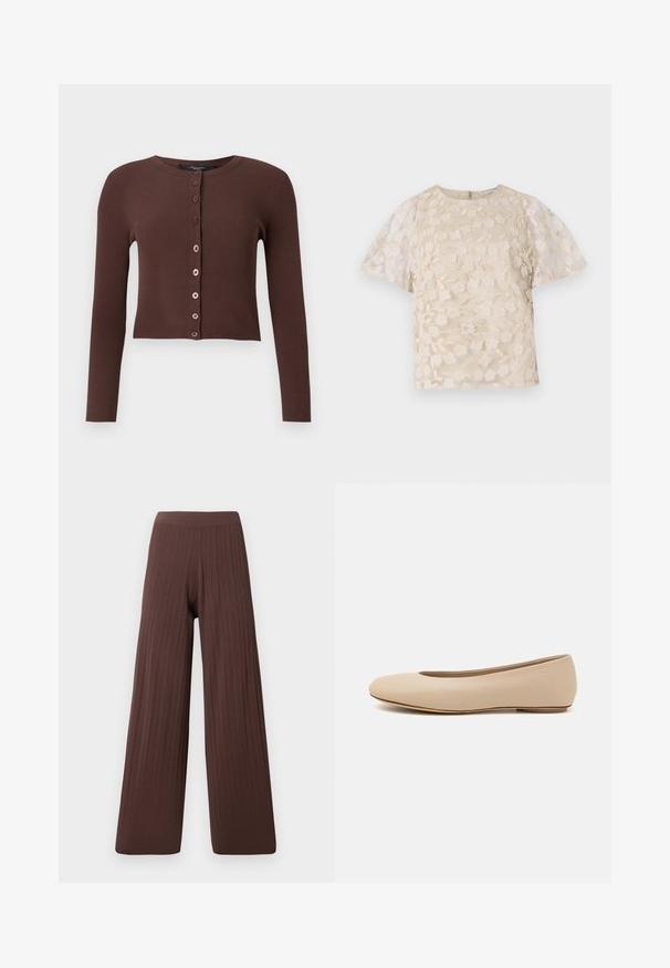 Barna bordás kardigán kerek nyakkivágással, hosszú ujjakkal és rövidített szegéllyel. Hat kerek gomb díszíti az elejét.; Beige blúz virágos hímzéssel, áttetsző puffos ujjakkal, kerek nyakkivágással és hátsó cipzáras zárással. Textúrált virágmintázat az elülső panelen.; Sötétbarna bordás anyagú, bő szárú nadrág, magas derékkal és hullámzó szilüettel, kiemelve a textúrát és a térfogatot.; Beige bőr balettcipő lekerekített orral, minimális varrás részletekkel, alacsony sarkú és diszkrét logóval a hátsó részen. Simább, matt textúrájú.