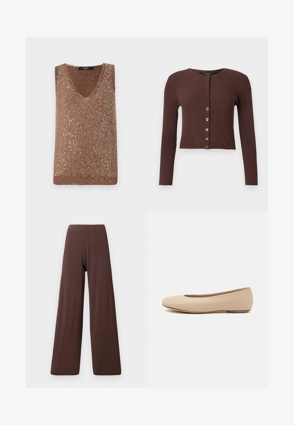 Brown ribbed cardigan with a round neckline, long sleeves, and a cropped hem. Features six round buttons down the front.; Brown knit sleeveless top with a V-neck, featuring scattered metallic sequins for texture and visual interest.; Wide-leg pants in dark brown ribbed fabric, featuring a high waistband and flowing silhouette, emphasizing texture and volume.; Beige leather ballet flat with rounded toe, minimal seam detailing, low heel, and subtle logo on the back. Smooth, matte texture.