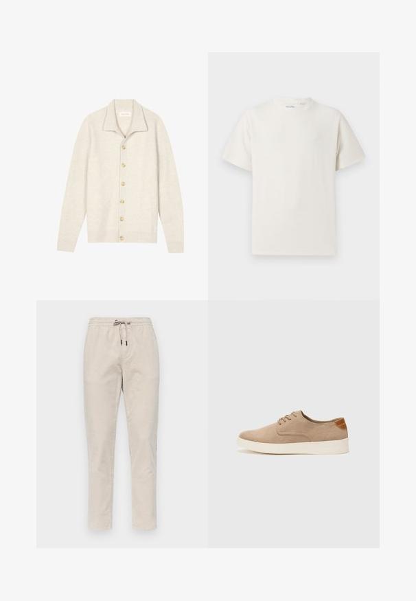 Beige gerippte Strickjacke mit langen Ärmeln, flachem Kragen und sieben runden Knöpfen vorne. Weiche Textur, geeignet zum Schichten.; Weißes T-Shirt mit kurzen Ärmeln in gerippter Textur. Runder Ausschnitt, lockere Passform, keine sichtbaren Muster oder Akzente. Einfaches und vielseitiges Design.; Beige, elastische Jogginghosen aus strukturiertem Stoff. Mit einem Kordelzugbund und schmal zulaufenden Beinen ohne sichtbare Taschen.; Beige Wildleder-Sneaker mit runder Zehenpartie, Schnürung und strukturiertem Rückenteil. Die weiße Gummisohle sorgt für einen Kontrast. Einfaches und modernes Design.