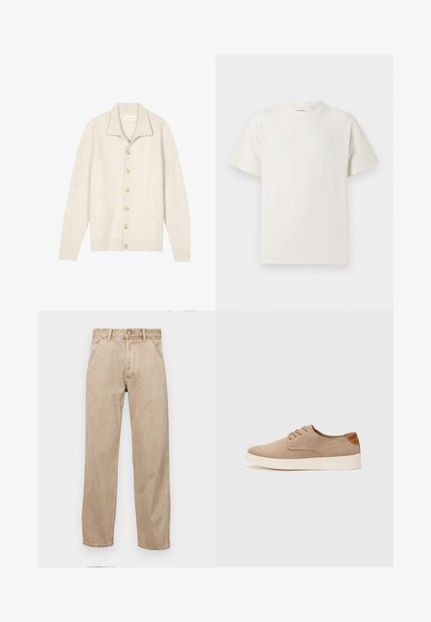 Beige geribbelde cardigan met lange mouwen, platte kraag en zeven ronde knopen aan de voorkant. Zachte textuur, geschikt om als laagje te dragen.; Witte korte mouwen T-shirt met ribbelstructuur. Ronde hals, ontspannen pasvorm, geen zichtbare patronen of accenten. Eenvoudig en veelzijdig ontwerp.; Beige denim jeans met een recht gesneden ontwerp, voorzien van voorzakken, een metalen knoopsluiting en een subtiele textuur.; Beige suède sneakers met een ronde neus, vetersluiting aan de voorkant en een getextureerde achteraccent. De witte rubberen zool zorgt voor contrast. Eenvoudig en modern ontwerp.