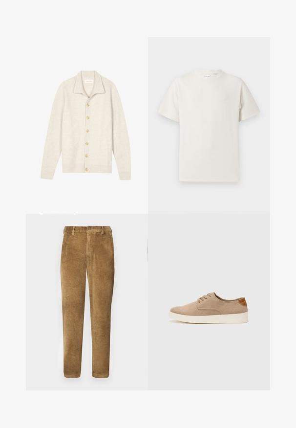 Beige ribstrikket cardigan med lange ærmer, flad krave og syv runde knapper foran. Blød tekstur, velegnet til lag-på-lag.; Hvid kortærmet T-shirt i ribbet tekstur. Rund halsudskæring, løs pasform, ingen synlige mønstre eller accenter. Enkel og alsidig design.; Brune corduroy bukser med lodret ribbet tekstur, lige snit, knaplukning og bæltestropper. Glat stof med en blød finish.; Beige ruskinds sneakers med rund tå, snørebånd foran og en struktureret rygdetalje. Hvid gummisål giver kontrast. Enkel og moderne design.