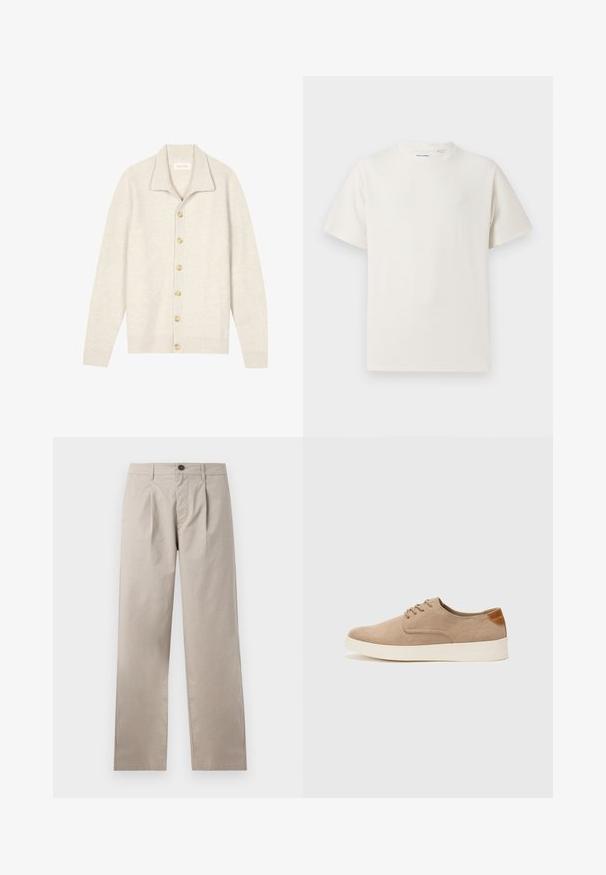 Beige gerippte Strickjacke mit langen Ärmeln, flachem Kragen und sieben runden Knöpfen vorne. Weiche Textur, geeignet zum Schichten.; Weißes T-Shirt mit kurzen Ärmeln in gerippter Textur. Runder Ausschnitt, lockere Passform, keine sichtbaren Muster oder Akzente. Einfaches und vielseitiges Design.; Beige Hose mit geradem Bein, ausgestattet mit einer einfachen Falte, vier Taschen und einem vorderen Knopfverschluss, aus leichtem Baumwollstoff gefertigt.; Beige Wildleder-Sneaker mit runder Zehenpartie, Schnürung und strukturiertem Rückenteil. Die weiße Gummisohle sorgt für einen Kontrast. Einfaches und modernes Design.