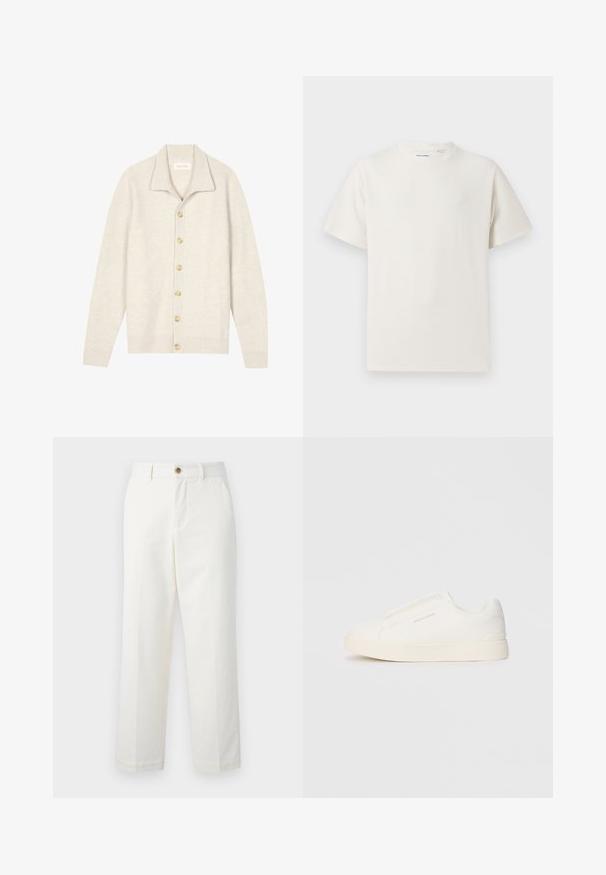 Beežist soonikkoes kampsun pikkade varrukatega, lame krae ja seitse ümarat nööpi ees. Pehme tekstuur, sobib kihiliseks kandmiseks.; Valge lühikeste varrukatega T-särk ribakudumises. Ümar kaelus, mugav lõige, nähtavad mustrid ega aksessuaarid puuduvad. Lihtne ja mitmekesine disain.; Valged puuvillased püksid, millel on sirge lõikega disain, ees olevad taskud ja nupuga sulgemine vööl. Sile tekstuur.; Valged libisemiskindlad tossud tekstuuriga pinnaga, paksu tallaga ja minimalistikus disainis. Küljel on brändi logo.