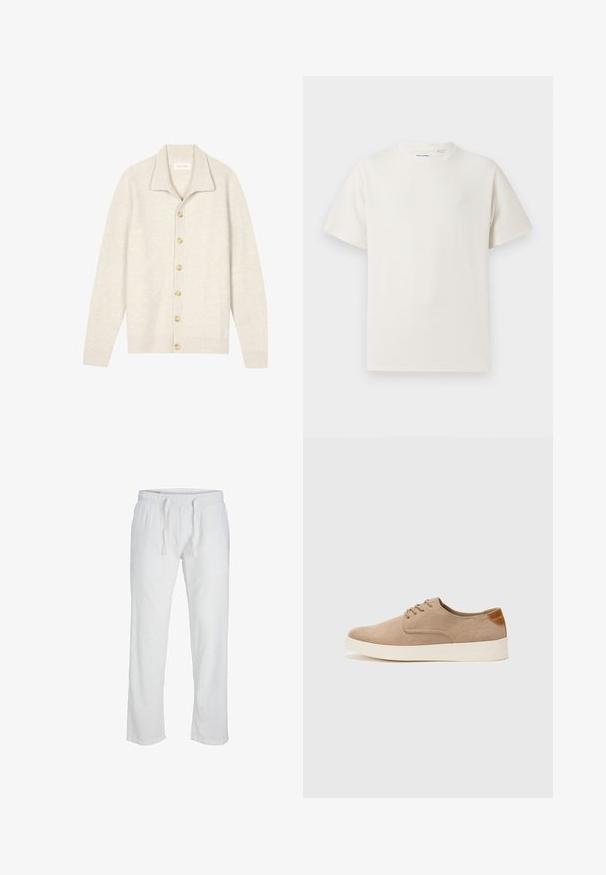 Cardigan beige côtelé avec manches longues, col plat et sept boutons ronds sur le devant. Texture douce, idéale pour superposer.; T-shirt blanc à manches courtes en texture côtelée. Encolure ronde, coupe décontractée, sans motifs ni accents visibles. Design simple et polyvalent.; Jack & Jones JPSTKANE SUMMER JOGGER - Pantalon classique - bright white; Baskets en daim beige avec un embout arrondi, un laçage sur le devant et un accent texturé à l'arrière. La semelle en caoutchouc blanche offre un contraste. Design simple et moderne.