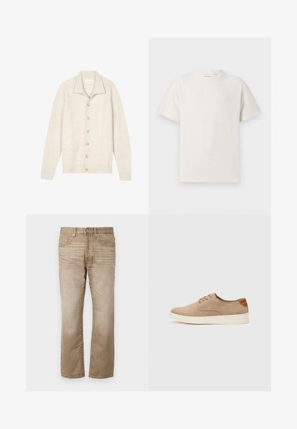 Beige ribbestrikket cardigan med lange ermer, flat krage og syv runde knapper nedover foran. Myk tekstur som passer godt til lag-på-lag.; Hvit T-skjorte med kort erm i ribbestrikket tekstur. Rund hals, avslappet passform, ingen synlige mønstre eller detaljer. Enkelt og allsidig design.; Beige denimjeans med rett ben design, med fem lommer, knappelukking og subtil falming langs stoffet.; Beige semskinnsko med rund tå, snøring foran og en teksturert bakre aksent. Hvit gummisåle gir kontrast. Enkelt og moderne design.