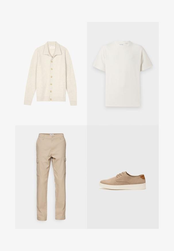 Beežist soonikkoes kampsun pikkade varrukatega, lame krae ja seitse ümarat nööpi ees. Pehme tekstuur, sobib kihiliseks kandmiseks.; Valge lühikeste varrukatega T-särk ribakudumises. Ümar kaelus, mugav lõige, nähtavad mustrid ega aksessuaarid puuduvad. Lihtne ja mitmekesine disain.; Beige cargo püksid, mis on valmistatud vastupidavast kangast, mitme küljetaskuga, klassikalise lõikega ja sirgete jalgadega, millel on lihtne õmblus.; Beežid nahast tossud ümarate varvastega, paeltega esiosa ja tekstuuriga tagakontuuriga. Valge kummist tallapakkumine loob kontrasti. Lihtne ja kaasaegne disain.