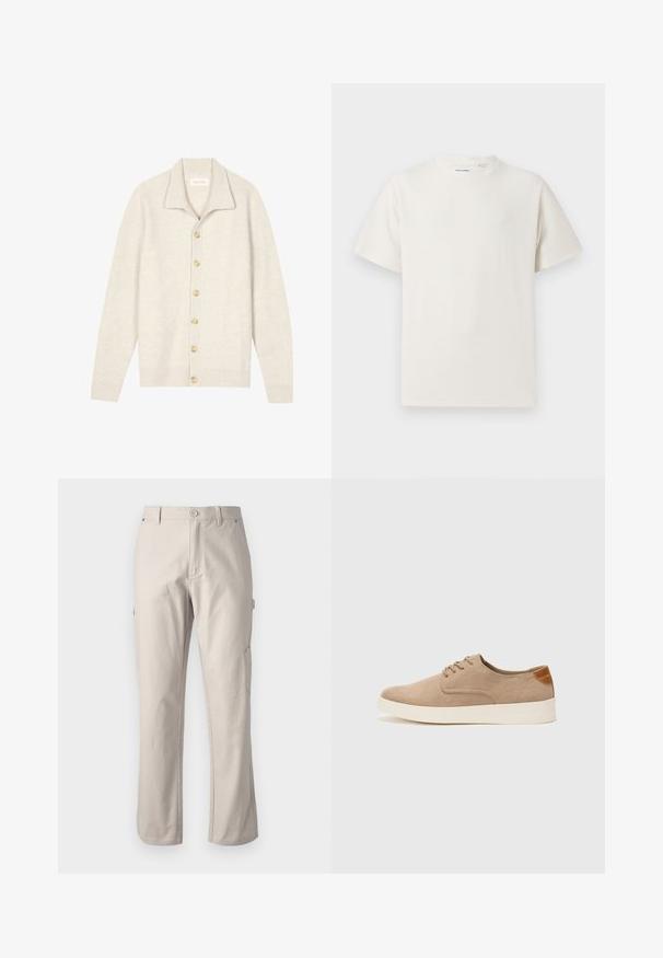 Beežist soonikkoes kampsun pikkade varrukatega, lame krae ja seitse ümarat nööpi ees. Pehme tekstuur, sobib kihiliseks kandmiseks.; Valge lühikeste varrukatega T-särk ribakudumises. Ümar kaelus, mugav lõige, nähtavad mustrid ega aksessuaarid puuduvad. Lihtne ja mitmekesine disain.; Beez värvi cargo püksid, mis on valmistatud vastupidavast puuvillast, sirgete jalgadega, ees nuppe sulgemisega ja külgtaskutega utiliidi jaoks. Sile tekstuur koos peente õmblustega.; Beežid nahast tossud ümarate varvastega, paeltega esiosa ja tekstuuriga tagakontuuriga. Valge kummist tallapakkumine loob kontrasti. Lihtne ja kaasaegne disain.