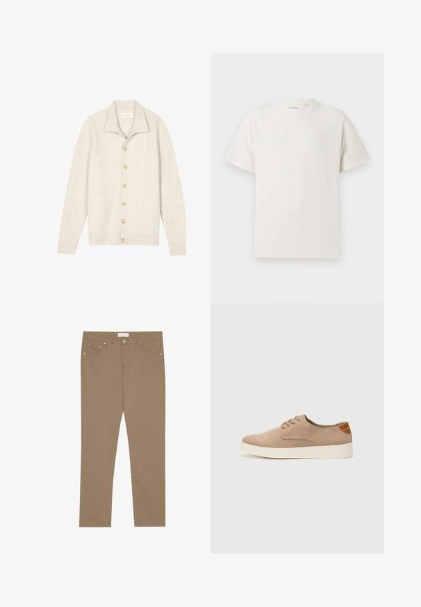 Smėlio spalvos ribuotas kardiganas su ilgomis rankovėmis, plokščiu apykakliu ir septyniais apvaliais mygtukais priekyje. Minkšta tekstūra, tinkama sluoksniavimui.; Balta trumpa rankovė T-polo marškinėlių su juostelėmis tekstūra. Apvalus iškirpimas, laisvas fasonas, jokių matomų raštų ar akcentų. Paprastas ir universalus dizainas.; Smėlio spalvos medvilniniai elastiniai kelnes su tiesiu kojų siluetu, penkių kišenių stiliumi ir metaliniais aksesuarais. Sklandus paviršius ir klasikiniams siuvimo elementai.; Bežiniai zomšiniai sportbačiai su apvaliomis pirštų dalimis, raišteliais priekyje ir tekstūruotu užkulniu. Balta guma suteikia kontrastą. Paprastas ir modernus dizainas.