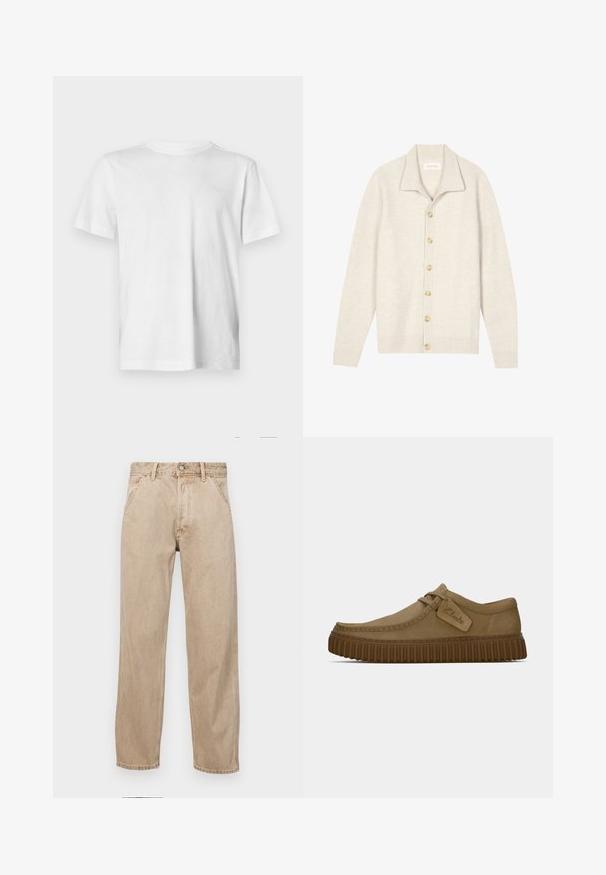 Cardigã bege com textura canelada, mangas compridas, gola plana e sete botões redondos na frente. Textura suave, adequada para sobreposição.; T-shirt branca de manga curta feita de algodão suave, com decote redondo e detalhe de logo em relevo sutil no lado esquerdo do peito.; Jeans de ganga bege com um design de perna reta, apresentando bolsos frontais, fecho com botão metálico e uma textura subtil.; Sapatos de camurça castanho claro com bico arredondado, detalhes costurados e uma sola de borracha castanha ribada. Apresenta uma etiqueta lateral com o logótipo "Clarks".