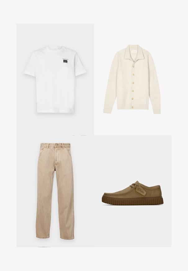 Cardigan beige acanalado con mangas largas, cuello plano y siete botones redondos en la parte frontal. Textura suave, ideal para usar en capas.; Camiseta blanca de algodón con cuello redondo y mangas cortas. En el frente tiene una pequeña etiqueta negra con texto y un diseño rectangular.; Jeans de mezclilla beige con un diseño de pierna recta, que cuentan con bolsillos frontales, cierre de botón de metal y una textura sutil.; Zapatos de ante marrón claro con puntera redondeada, detalles de costura y una suela de goma marrón acanalada. Presentan una etiqueta lateral con el logotipo de "Clarks".