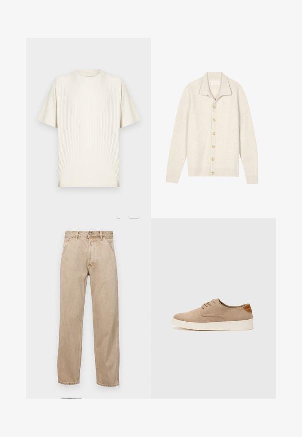 Beige ribbed cardigan with long sleeves, flat collar, and seven round buttons down the front. Soft texture suitable for layering.; Cream-colored ribbed short-sleeve crew neck t-shirt with a relaxed fit, displayed on a plain light background.; Beige denim jeans with a straight leg design, featuring front pockets, a metal button closure, and subtle texture.; Beige suede sneakers with a rounded toe, lace-up front, and a textured back accent. White rubber sole provides contrast. Simple and modern design.