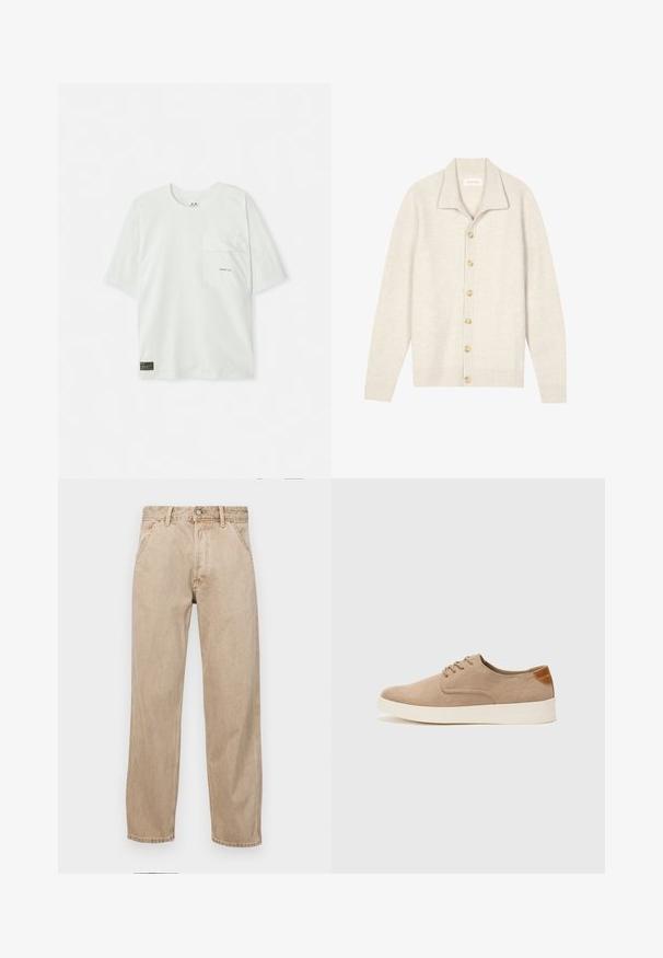 Cardigan beige a coste con maniche lunghe, colletto piatto e sette bottoni rotondi sul davanti. Tessuto morbido adatto per stratificare.; T-shirt a maniche corte, di colore verde chiaro, realizzato in cotone. Caratterizzato da una tasca sul petto e un piccolo logo vicino alla tasca. Texture morbida, design informale.; Jeans in denim beige con un design a gamba dritta, dotati di tasche frontali, chiusura con bottone metallico e una texture delicata.; Sneaker in suede beige con punta arrotondata, stringhe davanti e un accento testurizzato sul retro. La suola in gomma bianca offre un contrasto. Design semplice e moderno.