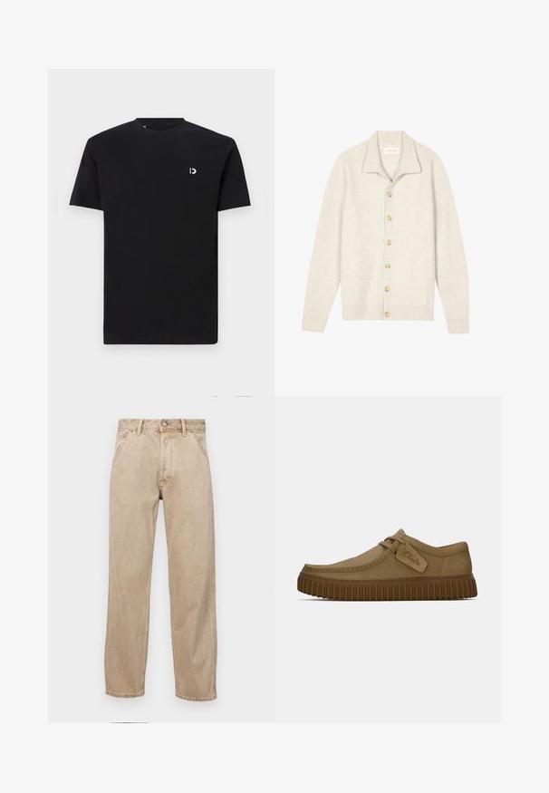 Beige ribbed cardigan with long sleeves, flat collar, and seven round buttons down the front. Soft texture suitable for layering.; Black cotton t-shirt with short sleeves, round neckline, and a small white logo on the left chest area. Smooth texture, simple design.; Beige denim jeans with a straight leg design, featuring front pockets, a metal button closure, and subtle texture.; Light brown suede shoes with a rounded toe, stitched detailing, and a ribbed brown rubber sole. Features a side tag with "Clarks" logo.