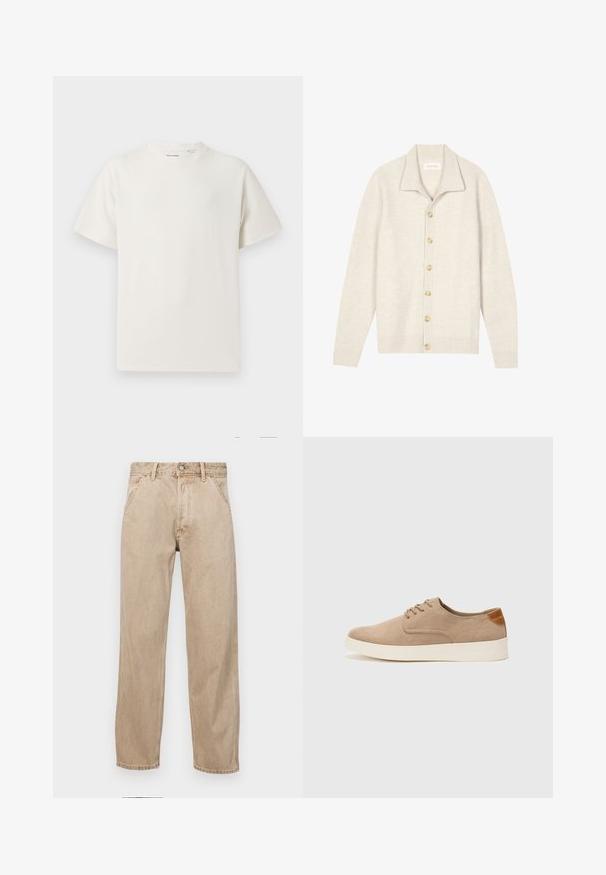Beige ribbed cardigan with long sleeves, flat collar, and seven round buttons down the front. Soft texture suitable for layering.; White short-sleeve T-shirt in a ribbed texture. Round neckline, relaxed fit, no visible patterns or accents. Simple and versatile design.; Beige denim jeans with a straight leg design, featuring front pockets, a metal button closure, and subtle texture.; Beige suede sneakers with a rounded toe, lace-up front, and a textured back accent. White rubber sole provides contrast. Simple and modern design.