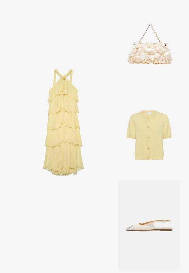 Kortsleeve gul cardigan i mjukt stickat material, med rund hals, knappar framtill och ribbade detaljer vid kragen och nederkanten.; Gul lagerd klänning med volangskikt, spagettistroppar och en knuten detalj på baksidan. Tillverkad av lätt och flödig tyg.; Slingback-sko i krämfärgad läder med spetsig tå, prydd med silverfärgade rhinestones på framsidan och en minimalistisk utskärningsdesign.; Vit blommig handväska med en rynkad tygöverflata, guldfärgad kedjeslips och metallspänne. Har strukturerade blad för extra detalj.