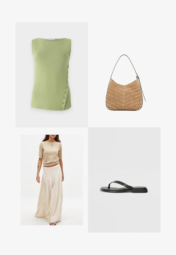 Krátky rukáv žltý kardigán vyrobený z mäkkého pleteného materiálu, s okrúhlym výstrihom, prednými gombíkmi a ribovanými detailmi na golieri a leme.; Svetlozelený rebrovaný tank top s okrúhlym výstrihom a detailom na boku s malými gombíkmi, ktoré sú umiestnené po ľavej strane.; Béžový pletený top s krátkym rukávom v kombinácii s dlhou, voľnou krémovou sukňou s vertikálnymi plisé a hladkým povrchom.; Čierne šľapky vyrobené z hladkej kože, s tenkým pásikom a plochou podrážkou s minimalistickým profilom. Bez výrazných vzorov alebo akcentov.; Tkaná slamenná ramenná taška s zakriveným tvarom, vybavená tmavou koženou rukoväťou a textúrovaným povrchom s vzorom v tvare chevron.; Náušnice v zlatej farbe majú nepravidelné textúrované tvary, zdobené zelenými drahokamami a bielymi perlami, zabezpečené klipsovými uzávermi.
