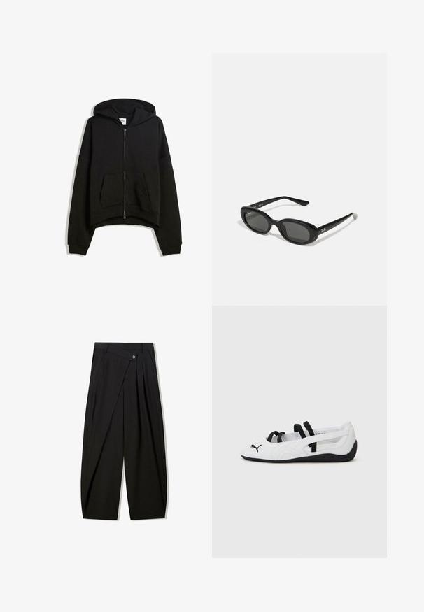 Mustat vetoketjuhupparit, jotka on valmistettu puuvillaseoksesta, sisältävät suuren hupun, etutaskun ja ribattuja hihansuita sekä viimeistellyn lyhyen muotoilun.; Lyhythihainen valkoinen t-paita, joka on valmistettu pehmeästä puuvillasta. Pyöreä pääntie ja rento istuvuus. Ei näkyviä kuvioita tai grafiikoita.; Mustat leveälahkeiset housut, jotka on valmistettu sileästä kankaasta. Niissä on etupuolella pystyrypyt, nappikiinnitys ja muotolaskostus, joka luo jämäkkää siluettia.; Valkoiset urheilukengät mustilla yksityiskohdilla, joissa on pyöristetty kärki, joustavat hihnat ja teksturoitu kumipohja. Puma-logo edessä.; Mustat aurinkolasit, joissa on soikeat linssit, kiiltävä muovikehys ja kapeat varret. Sivussa on valkoinen Ray-Ban-logo.; Musta nahkainen olkalaukku suorakaiteen muotoisena, säädettävällä hihnalla, sileällä pinnalla, minimalistisella muotoilulla ja hienovaraisella kohokuvioidulla brändilogolla.