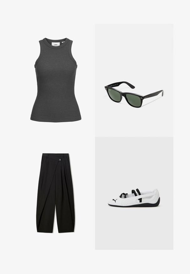 Czarna bluza z kapturem na zamek, wykonana z mieszanki bawełny, z dużym kapturem, przednią kieszenią oraz ściągaczami przy mankietach, w krótkim fasonie.; Ciemnoszara, prążkowana bluzka na ramiączkach z wysokim dekoltem i bez rękawów. Posiada dopasowany krój i gładką teksturę. Widoczna metka marki.; Czarne spodnie szerokie z gładkiego materiału, z przodu z plisami, zapinane na guzik, zaprojektowane w zwężający sposób dla uzyskania zdefiniowanej sylwetki.; Białe buty sportowe z czarnymi akcentami, z zaokrąglonym noskiem, elastycznymi paskami i teksturowaną gumową podeszwą. Logo Puma z przodu.; Czarne plastikowe okulary przeciwsłoneczne z zielonymi szkłami, kwadratowe oprawki, srebrny akcent na brwi oraz fakturowane ramiona temple. Nazwa marki podana na wewnętrznej stronie ramion.; Czarna skórzana torba na ramię o prostokątnym kształcie, regulowanym pasku, gładkiej fakturze, minimalistycznym designie i subtelnie wytłoczonym logo marki.