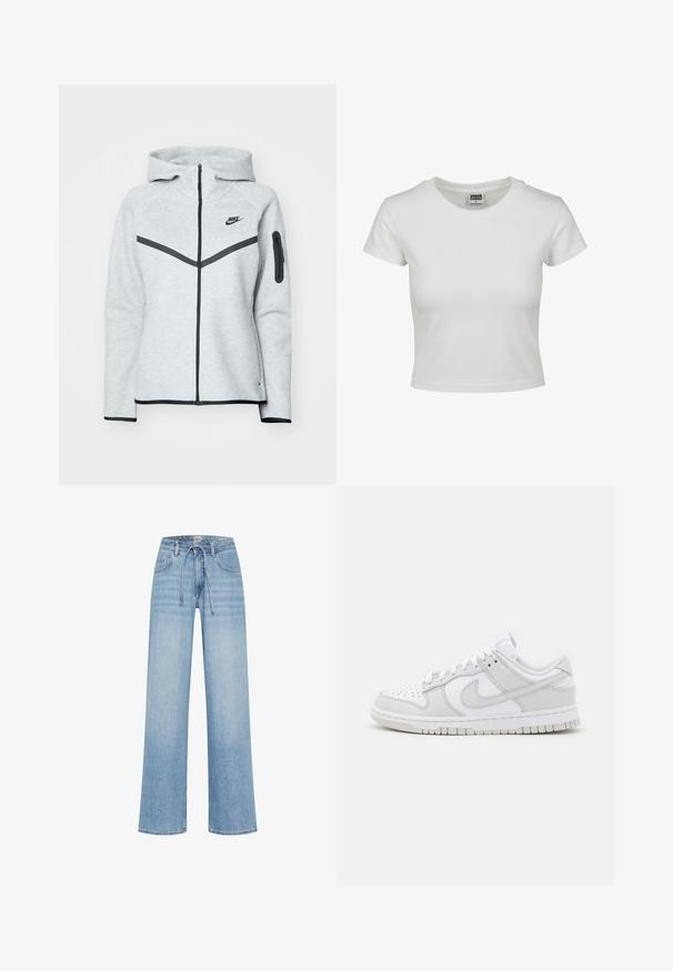Haut à capuche gris avec zip et accents noirs, présentant un design diagonal sur le devant, le logo Nike, et une poche zippée sur la manche.; T-shirt en coton blanc avec un col rond classique, des manches courtes et une coupe ajustée. Aucun motif ni accent visible.; Jeans larges bleu clair en denim, dotés d'une taille à cordon de serrage et de poches avant. La texture est lisse avec un délavage minimal.; Baskets en cuir blanc avec des accents gris, bout perforé, lacets plats, col rembourré et semelle en caoutchouc texturée.