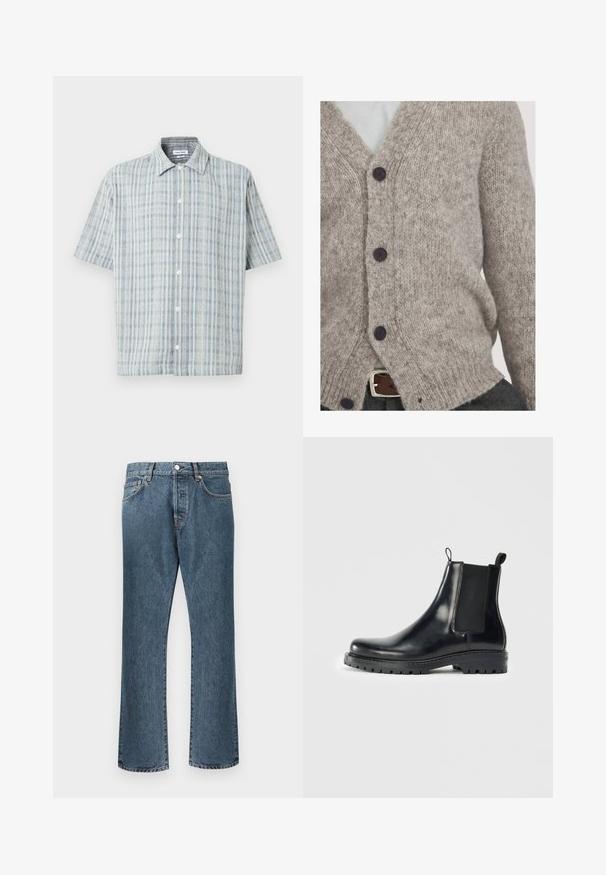 Cardigan a maglia grigio chiaro realizzato in morbida lana, caratterizzato da scollo a V, quattro bottoni scuri e una vestibilità ampia con bordi a coste.; Camicia a maniche corte con bottoni, motivo a quadri blu e bianco, colletto aperto e bottoni bianchi sul davanti.; Jeans in denim blu con design a gamba dritta, dotati di chiusura classica con bottone e zip, cinque tasche e una leggera scoloritura.; Stivali Chelsea in pelle nera con pannelli elastici laterali, una linguetta per una facile indossatura e una suola in gomma resistente con una presa texturizzata.