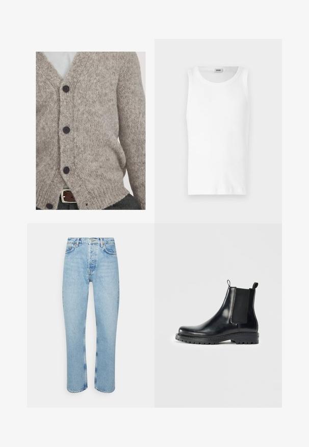 Hellgraue Strickjacke aus weicher Wolle, mit V-Ausschnitt, vier dunklen Knöpfen und lockerer Passform mit gerippten Kanten.; Weißes Baumwoll-Tanktop ohne Ärmel mit Rundhalsausschnitt und glatter Textur. Einfaches Design, ohne Muster oder Akzente.; Hellblaue Jeans aus Denim mit geradem Schnitt, hoher Taille, fünf Taschen-Design und sichtbaren Nähten an den Nähten und Säumen.; Schwarze Leder-Chelsea-Stiefel mit elastischen Seitenpaneelen, einer Schlaufe für einfaches Anziehen und einer robusten Gummisohle mit strukturiertem Grip.