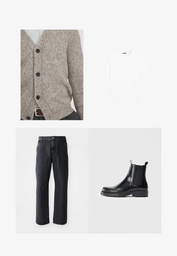 Lichtgrijze gebreide cardigan van zacht wol, met een V-hals, vier donkere knopen en een losse pasvorm met geribbelde randen.; Witte katoenen t-shirt met korte mouwen, ronde halslijn en recht gesneden. Gladde textuur zonder zichtbare patronen of accenten.; Zwarte denim jeans met een rechte pijp, voorzien van een knoopsluiting, vijf zakken en een subtiele textuur. Klassiek ontwerp zonder opvallende patronen.; Zwarte leren Chelsea laarzen met elastische zijpanelen, een lus voor gemakkelijke aan- en uittrekken, en een robuuste rubberen zool met een gestructureerde grip.