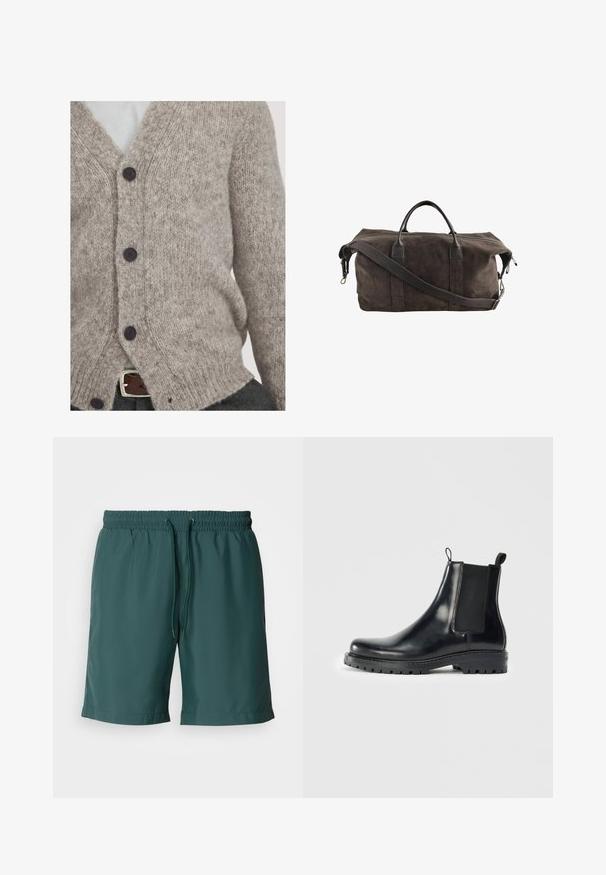 Hellgraue Strickjacke aus weicher Wolle, mit V-Ausschnitt, vier dunklen Knöpfen und lockerer Passform mit gerippten Kanten.; Weißes Baumwoll-T-Shirt mit kurzen Ärmeln, rundem Ausschnitt und geradem Schnitt. Glatte Textur ohne sichtbare Muster oder Akzente.; Grüne, leichte Shorts mit elastischem Bund und Kordelzug, die eine glatte Textur und seitliche Taschen für zusätzlichen Komfort bieten.; Schwarze Leder-Chelsea-Stiefel mit elastischen Seitenpaneelen, einer Schlaufe für einfaches Anziehen und einer robusten Gummisohle mit strukturiertem Grip.; Dunkelbraune Wildleder-Duffle-Tasche mit Ledergriffen und einem verstellbaren Schultergurt, ausgestattet mit einem oberen Reißverschluss.