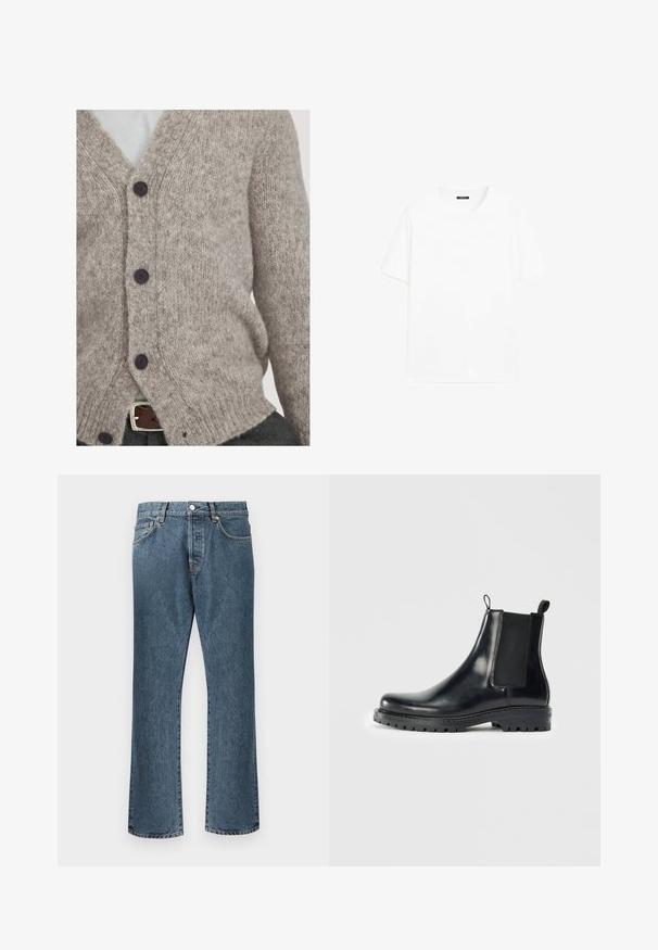 Light grey knitted cardigan made of soft wool, featuring a V-neck, four dark buttons, and a loose fit with ribbed edges.; White cotton t-shirt with short sleeves, round neckline, and a straight cut. Smooth texture with no visible patterns or accents.; Blue denim jeans with a straight leg design, featuring a classic button and zipper closure, five pockets, and subtle fading.; Black leather Chelsea boots with elastic side panels, a loop-tab for easy wear, and a rugged rubber sole with a textured grip.