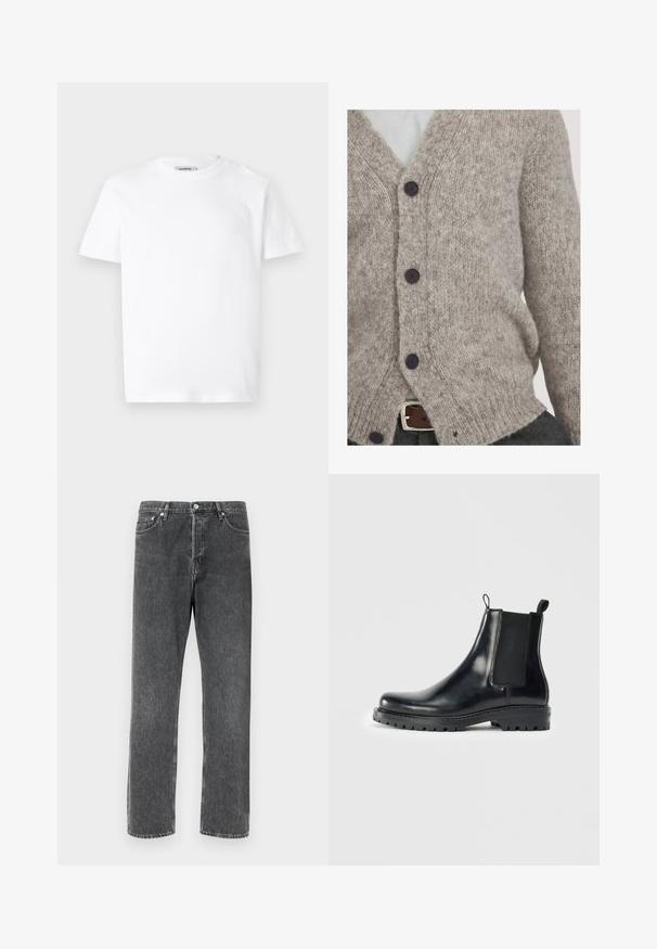 Lichtgrijze gebreide cardigan van zacht wol, met een V-hals, vier donkere knopen en een losse pasvorm met geribbelde randen.; Witte katoenen t-shirt met een ronde hals en korte mouwen. Bevat een klein, reliëf logo op de linker borst. Soepele textuur.; Grijze denimjeans met een rechte pasvorm, voorzien van vijf zakken, een glanzende knoopsluiting aan de voorkant en contrasterende stiksels langs de naden.; Zwarte leren Chelsea laarzen met elastische zijpanelen, een lus voor gemakkelijke aan- en uittrekken, en een robuuste rubberen zool met een gestructureerde grip.