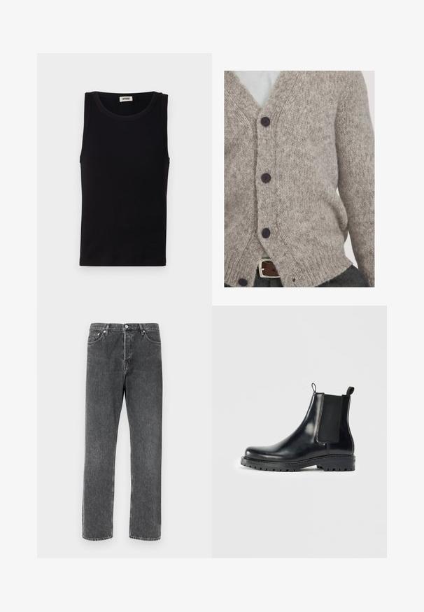 Cardigan a maglia grigio chiaro realizzato in morbida lana, caratterizzato da scollo a V, quattro bottoni scuri e una vestibilità ampia con bordi a coste.; Top nero senza maniche realizzato in soffice cotone. Presenta un collo rotondo e una silhouette dritta, con dettagli di cucitura minimi.; Jeans in denim grigio con vestibilità dritta, dotati di cinque tasche, chiusura con bottone davanti e cuciture a contrasto lungo le cuciture.; Stivali Chelsea in pelle nera con pannelli elastici laterali, una linguetta per una facile indossatura e una suola in gomma resistente con una presa texturizzata.