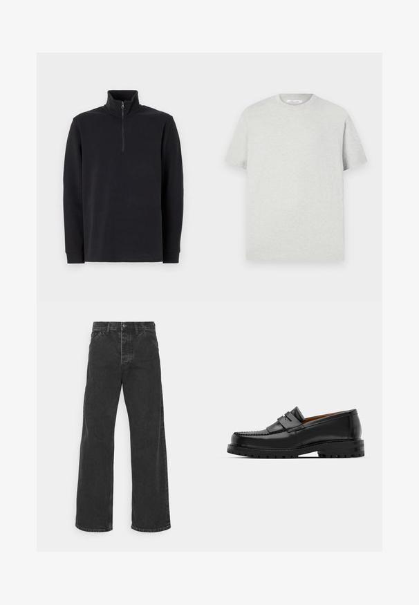 Čierny pulóver s dlhými rukávmi a stojacím golierom, s dvojcestným zipsom na prednej strane na bielom pozadí.; Svetlo šedé tričko s krátkym rukávom vyrobené z mäkkého materiálu, s okrúhlym výstrihom a voľným strihom, bez viditeľných vzorov alebo akcentov.; Čierne široké džínsy vyrobené z denimu s vysokým pásom, so prednými vreckami a švovými detailmi pozdĺž švov.; Čierne kožené mokasíny majú vystúpený šev, dve dekoratívne pásky na vrchu a hrubú textúrovanú podrážku pre lepšiu priľnavosť.