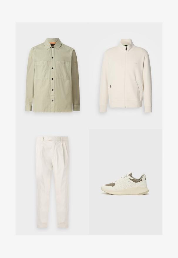 Jakna boje off-white s patentnim zatvaračem, stajaćim ovratnikom, dugim rukavima, bočnim džepovima i suptilnim logotipom "BOSS" na lijevoj strani prsnog koša.; Svijetlozelena košulja-jakna izrađena od glatkog materijala; ima dvije prednje džepove, crne gumbe i mali logo pečat na rukavu.; Bijele, naborane hlače s krojem po mjeri, koje imaju glatku teksturu, petlje za pojas i sužene nogavice. Nema vidljivih džepova ili uzoraka.; Bijele i svijetlosmeđe sportske tenisice, sa mrežastim gornjim dijelom, perforiranim detaljima i teksturiranim međutrakom sa brendom na peti.