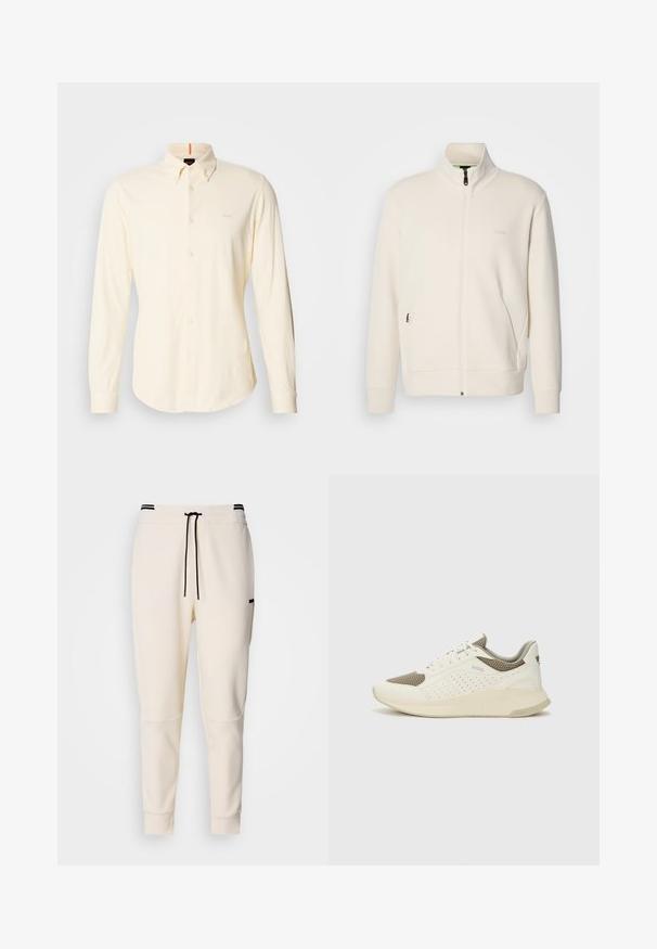 Off-white zip-up jakke med stående krage, lange ermer, sidelommer og diskré "BOSS" logo på venstre bryst.; Langermet, knappet skjorte i lys beige bomull; har klassisk krage og liten logo detalj på øvre venstre bryst.; Kremfargede joggebukser med elastisk liv med snøring, svarte detaljer, innsnevrede ben og sidelommer.; Hvit og lysebeige treningssko, med en mesh-overdel, perforerte detaljer og en teksturert mellomsåle med merkevare på hælen.