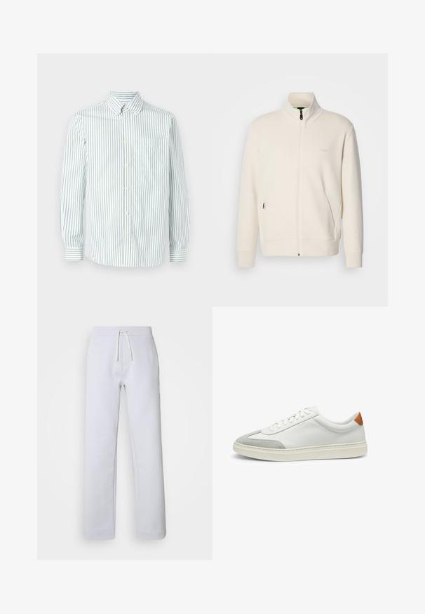 Off-white Zip-Jacke mit Stehkragen, langen Ärmeln, Seitentaschen und dezenter "BOSS"-Logo auf der linken Brust.; Les Deux KENT - Hemd - white; Helle graue, gerade geschnittene Hose aus weichem Stoff mit elastischem Bund und Kordelzug. Verfügt über seitliche Taschen und eine subtile Streifenstruktur.; Weiße Leder-Sneaker mit grauen Wildlederakzenten und einer sandfarbenen Lederfersenschlaufe. Sie verfügen über eine strukturierte Oberfläche und eine leichte Sohle.